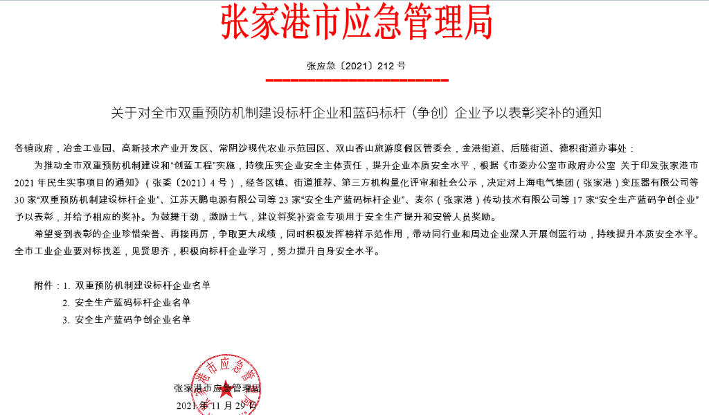 永兴热电荣获张家港市双重预防机制建设标杆企业称呼      